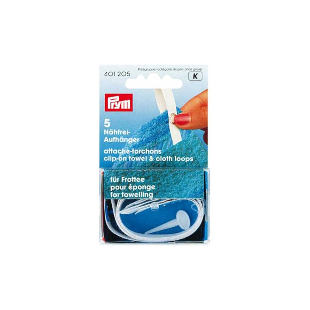 Prym Nähfrei-Aufhänger für Frottee in Weiß – 5 Stück auf weißem Hintergrund